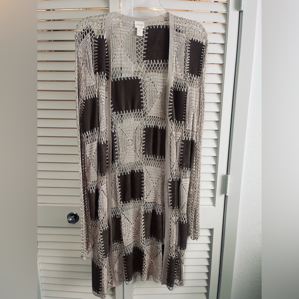 Chico’s Crochet Patch Cardigan in Taupe and Chocolate